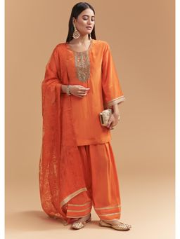 KALKI FASHION - Orange Crepe Kurta & Pant With Dupatta With Intricate Zardosi Embroidery