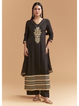 KALKI FASHION - Black Dola Silk Kurta & Pant With Dupatta With Gota Work And Floral Print