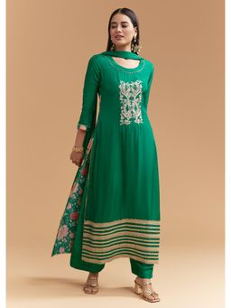 KALKI FASHION - Green Dola Silk Kurta & Pant With Dupatta With Gota Work And Floral Print