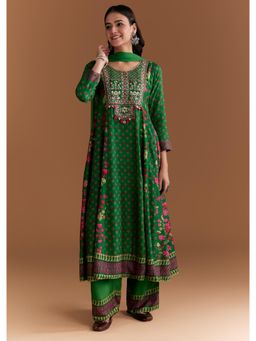 KALKI FASHION - Green Silk Anarkali Kurta & Dupatta With Pant With Floral Print Embroidery