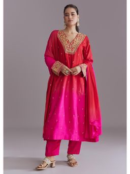 KALKI FASHION - Hot Pink Ombre Silk Anarkali Kurta With Dupatta & Pant Zari Embroidery