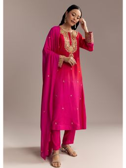 KALKI FASHION - Red Ombre Silk Anarkali Kurta & Dupatta With Pant With Zari Work