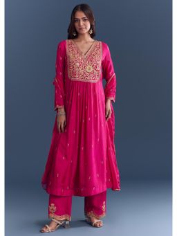 KALKI FASHION - Pink Silk Anarkali Kurta & Dupatta With Pant With Zari Thread Embroidery