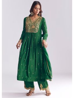KALKI FASHION - Green Silk Anarkali Kurta & Dupatta With Pant With Zari Thread Work