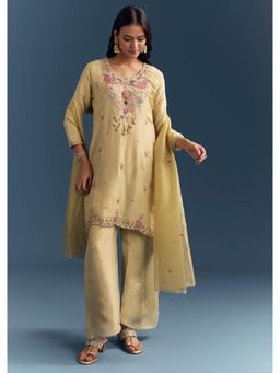 KALKI FASHION - Light Yellow Tissue Kurta With Pant & Dupatta Zardosi Work