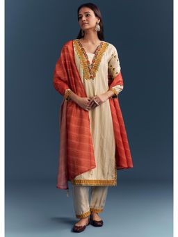 KALKI FASHION - Cream Silk Kurta & Pant With Dupatta With Delicate Resham Work