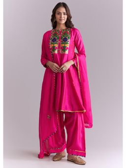 KALKI FASHION - Pink Silk Anarkali Kurta & Dupatta With Pant With Pathani Patch Work