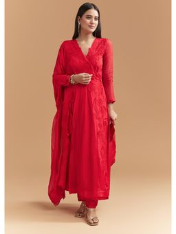 KALKI FASHION - Red Organza Anarkali Kurta & Dupatta With Pant With Intricate Resham Work