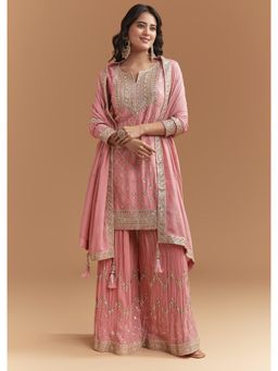 KALKI FASHION - Pink Chinon Kurta & Palazzo Suit With Dupatta Intricate Hand Work