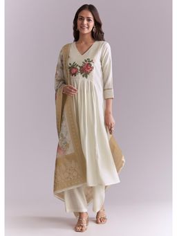 KALKI FASHION - White Silk Anarkali Kurta & Dupatta With Pant With Rose Motif And Thread Work