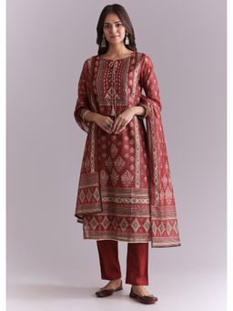 KALKI FASHION - Maroon Silk Kurta & Pant With Dupatta With Indie Print