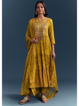 KALKI FASHION - Yellow Cotton Printed Anarkali Kurta With Palazzo & Dupatta Mirror Embroidery