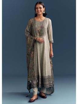 KALKI FASHION - Grey Dola Silk Anarkali Kurta & Dupatta With Pant Floral Print Embroidery