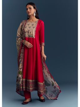 KALKI FASHION - Red Dola Silk Anarkali Kurta & Dupatta With Pant With Intricate Hand Embroidery