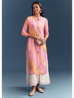 KALKI FASHION - Pink Cotton Inner & Kurta With Leheriya Print And Gota Work