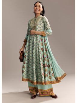 KALKI FASHION - Sky Blue Silk Anarkali Kurta With Palazzo & Dupatta Boho Multi Print