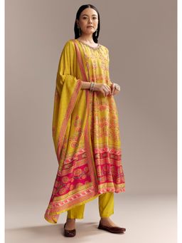 KALKI FASHION - Yellow Silk Anarkali Kurta & Dupatta With Pant With Multicolour Print