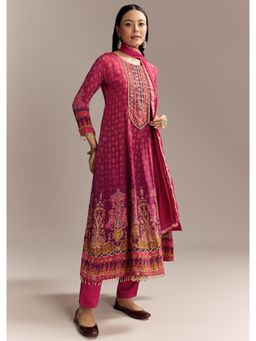 KALKI FASHION - Red Ombre Crepe Anarkali Kurta & Dupatta With Pant With Embroidery And Tassels