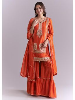 KALKI FASHION - Orange Silk Sharara With Kurta & Dupatta With Gota And Zardosi Work