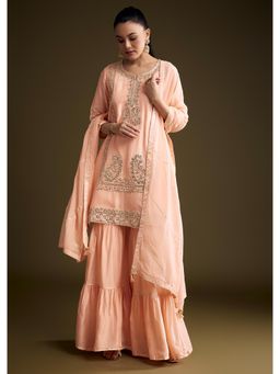 KALKI FASHION - Peach Silk Sharara With Kurti & Dupatta With Zardosi And Gota Work
