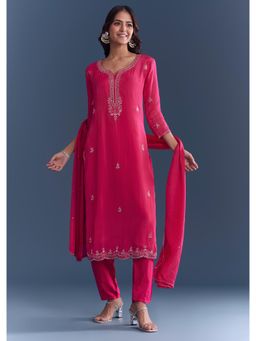 KALKI FASHION - Pink Hosiery Kurta & Pant With Dupatta With Cutdana And Mirror Work