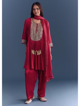 KALKI FASHION - Red Silk Kurta & Pant With Dupatta Mirror And Cutdana Embroidery