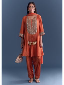 KALKI FASHION - Orange Silk Kurta & Pant With Dupatta Mirror And Cutdana Embroidery