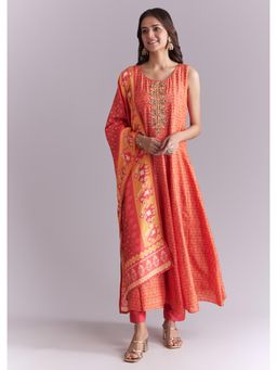 KALKI FASHION - Orange Muslin Anarkali Kurta & Dupatta With Pant With Indie Print