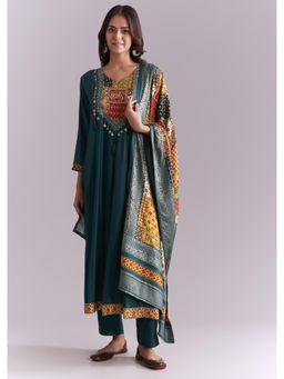 KALKI FASHION - Teal Silk Anarkali Kurta & Dupatta With Pant With Embroidery Printed Patch Work