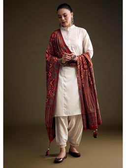 KALKI FASHION - Off White Khadi Dhoti & Kurta With Red Hand Dyed Ajrakh Dupatta