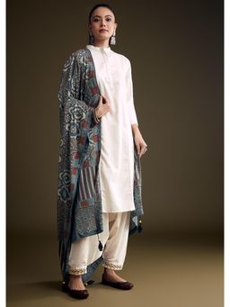 KALKI FASHION - Off White Khadi Dhoti & Kurta With Blue Hand Dyed Ajrakh Dupatta