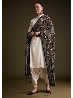 KALKI FASHION - Off White Khadi Dhoti & Kurta With Black Hand Dyed Ajrakh Dupatta