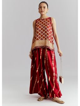 KALKI FASHION - Red Satin Co Ord Set With Bandhani And Leheriya Print