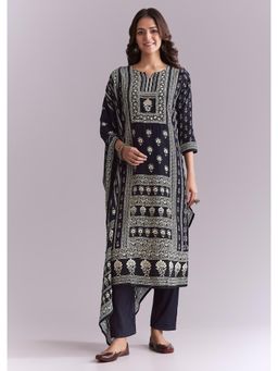 KALKI FASHION - Blue Crepe Kurta & Pant With Dupatta With Indie Print And Moti Detail