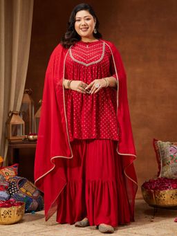 Janasya - Womens Plus Size Red Rayon Gold A-Line Kurta With Sharara And Dupatta