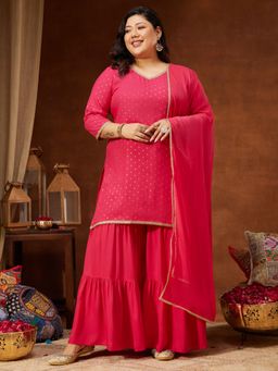 Janasya - Womens Plus Size Pink Rayon Gold Straight Kurta With Sharara And Dupatta