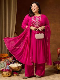 Janasya - Womens Plus Size Pink Georgette Yoke Zari Embroidered A-Line With Pant & Dupatta