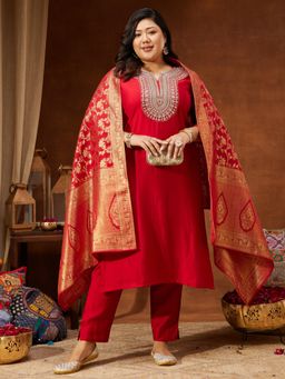 Janasya - Womens Plus Size Maroon Silk Blend Zari Straight Kurta & Pant With Dupatta
