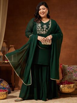Janasya - Womens Plus Size Dark Green Zari Straight Kurti With Sharara And Dupatta