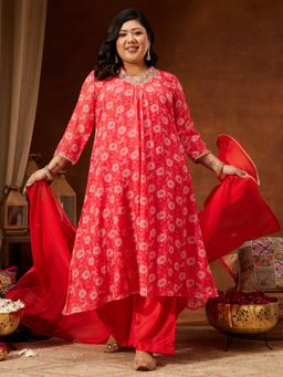 Janasya - Womens Plus Size Red Georgette Floral Printed A-Line Kurta & Pant With Dupatta