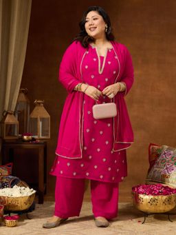 Janasya - Womens Plus Size Pink Georgette Embellished Straight Kurta With Pant And Dupatta