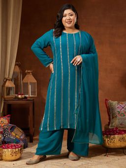 Janasya - Womens Plus Size Georgette Embellished Straight Kurta With Pant And Dupatta
