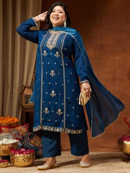Janasya - Womens Plus Size Teal Blue Silk Blend Zari Straight Kurta & Pant With Dupatta