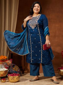 Janasya - Womens Plus Size Teal Blue Silk Blend Zari Straight Kurta & Pant With Dupatta