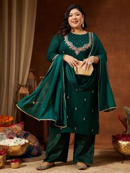 Janasya - Womens Plus Size Bottle Green Silk Blend Zari Straight Kurta & Pant With Dupatta