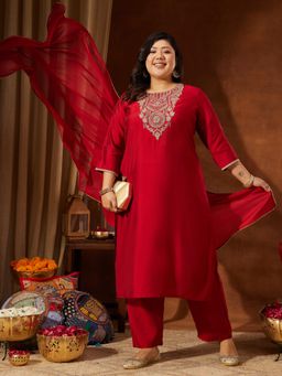 Janasya - Womens Plus Size Maroon Chanderi Silk Yoke Straight Kurta & Pant With Dupatta