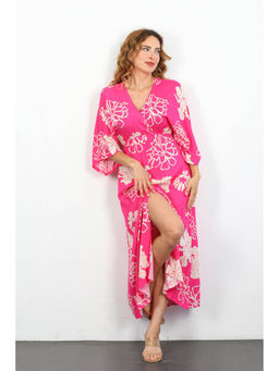 PIMU - Pink Front Slit Midi Dress V-Neck Design for Women Party Wear