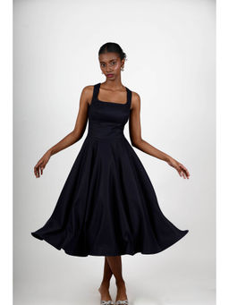 ROSA DAME - Navy Blue Henira Deep Jet Blue Structured Flared Dress with Lace-Up Back