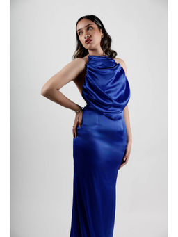 ROSA DAME - Royal Blue Satin Halter Top with Open Back Tie Detail