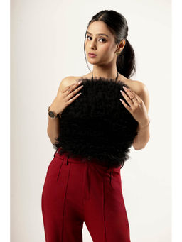 ROSA DAME - Black Ruffled Tulle Backless Halter Top with Criss-Cross Tie Straps